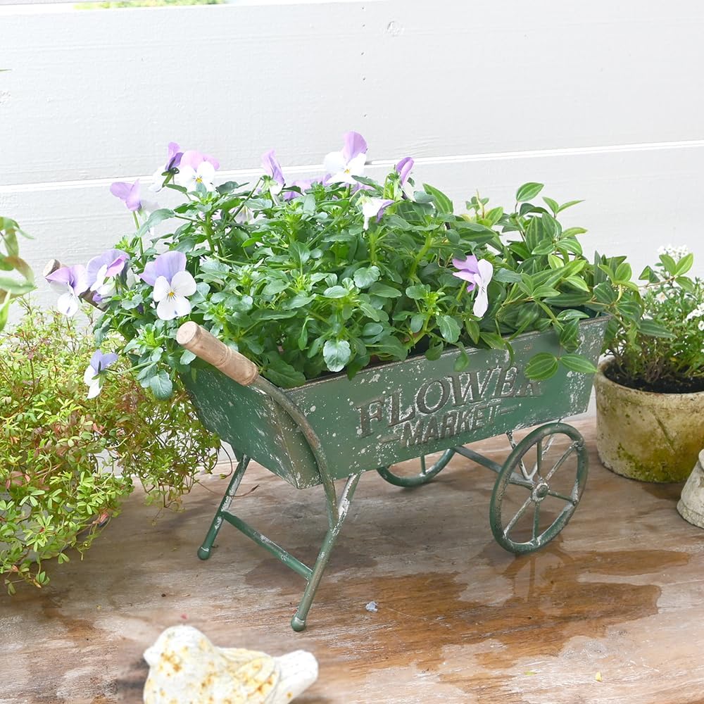 15 Inch Farmhouse Small Flower Cart with Wooden Handles Metal Wagon Planters for Outdoor Plants Decorative Wheelbarrow Plant Cart for Patio Garden Balcony Green