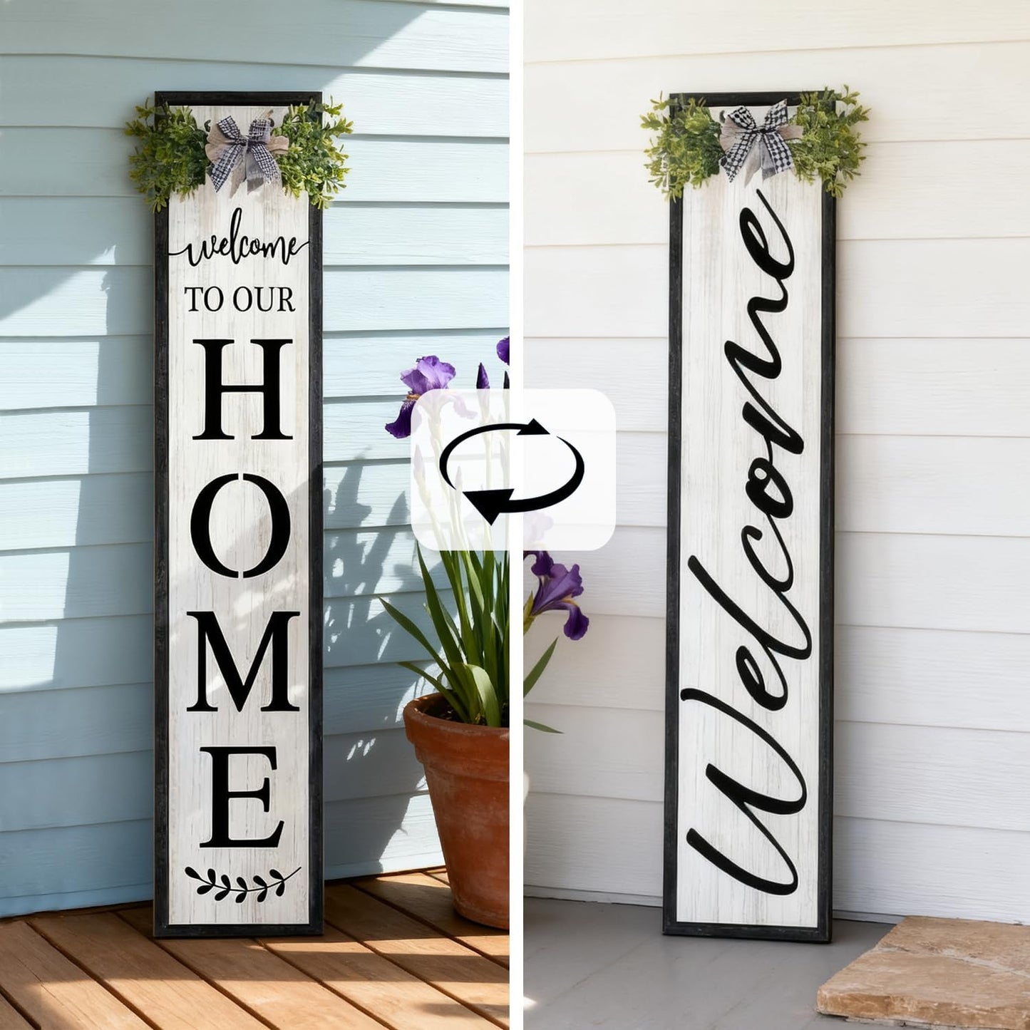 Double-sided Welcome to Our Home Wooden Sign Stand with Magnetic-adhesive Wreath for Front Door, 47" Vertical Farmhouse Welcome Porch Sign, 2in1 Large Tall Porch Leaner Decor for Outdoor Patio Garden