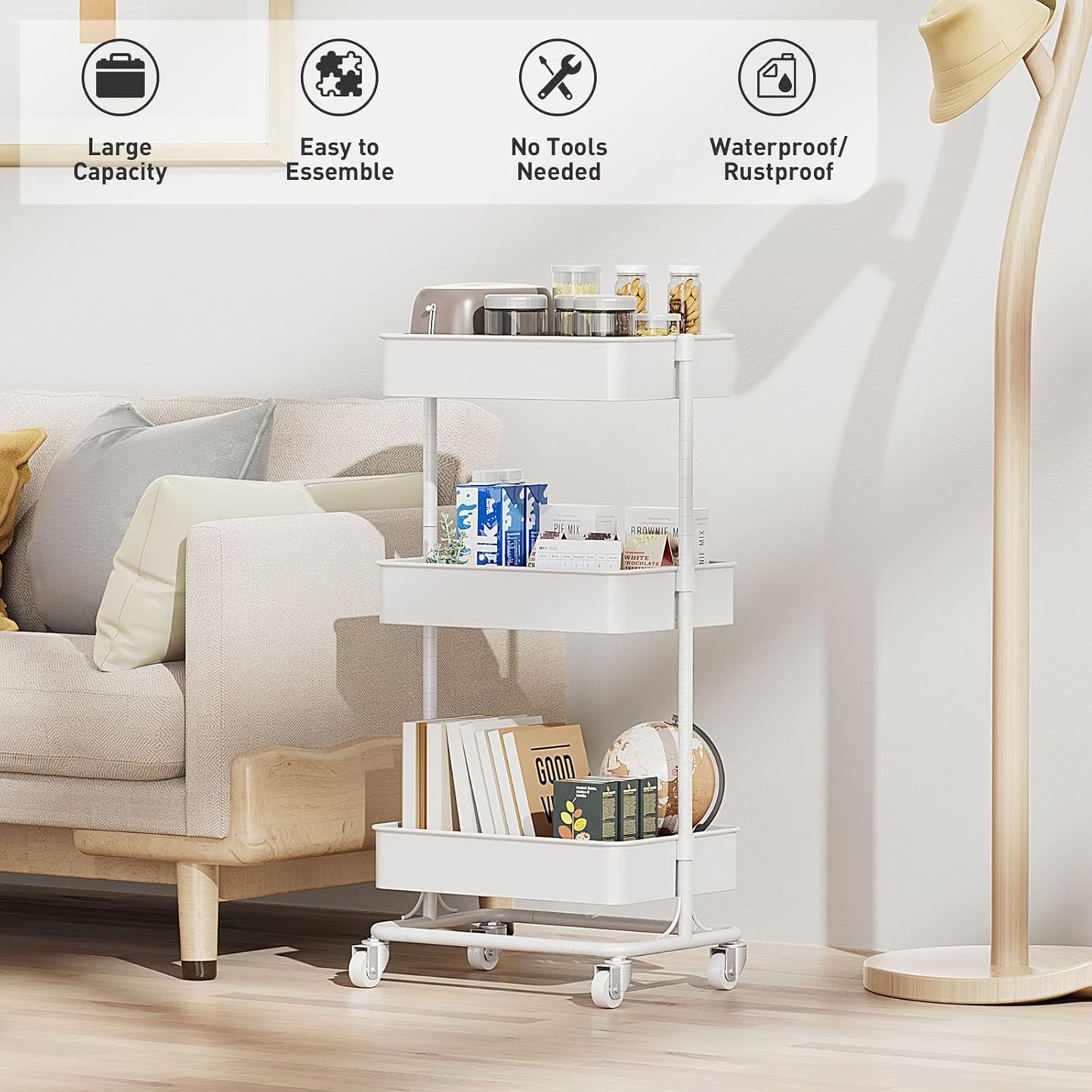 3 Tier Modern Metal Rolling Tool Cart with Silent Casters, 17.72×12.40×35.04 inch Heavy Duty Organization Truck Trolley Organizer for Office, Living Room, Kitchen, (White)