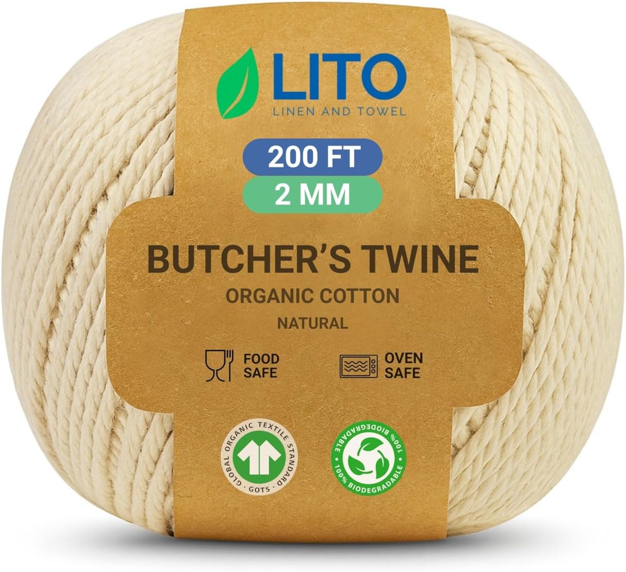Organic Butcher’s Twine for Cooking & Trussing – 2mm Heavy-Duty Natural Cotton Kitchen Twine 200 Feet – Food-Safe, Oven-Safe String for Meat, Turkey, Baking, & Crafts