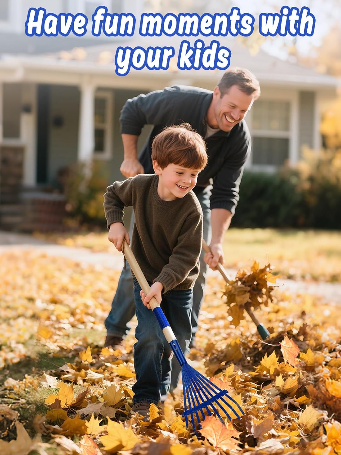 Kids Friendly Rakes for Leaves - 28" Child Size Small Rake with Durable Metal Head & Hardwood Handle, Real Lawn Garden Yard Tools for 3+ Years Kids Enjoy Helping Work Gifts (Blue)
