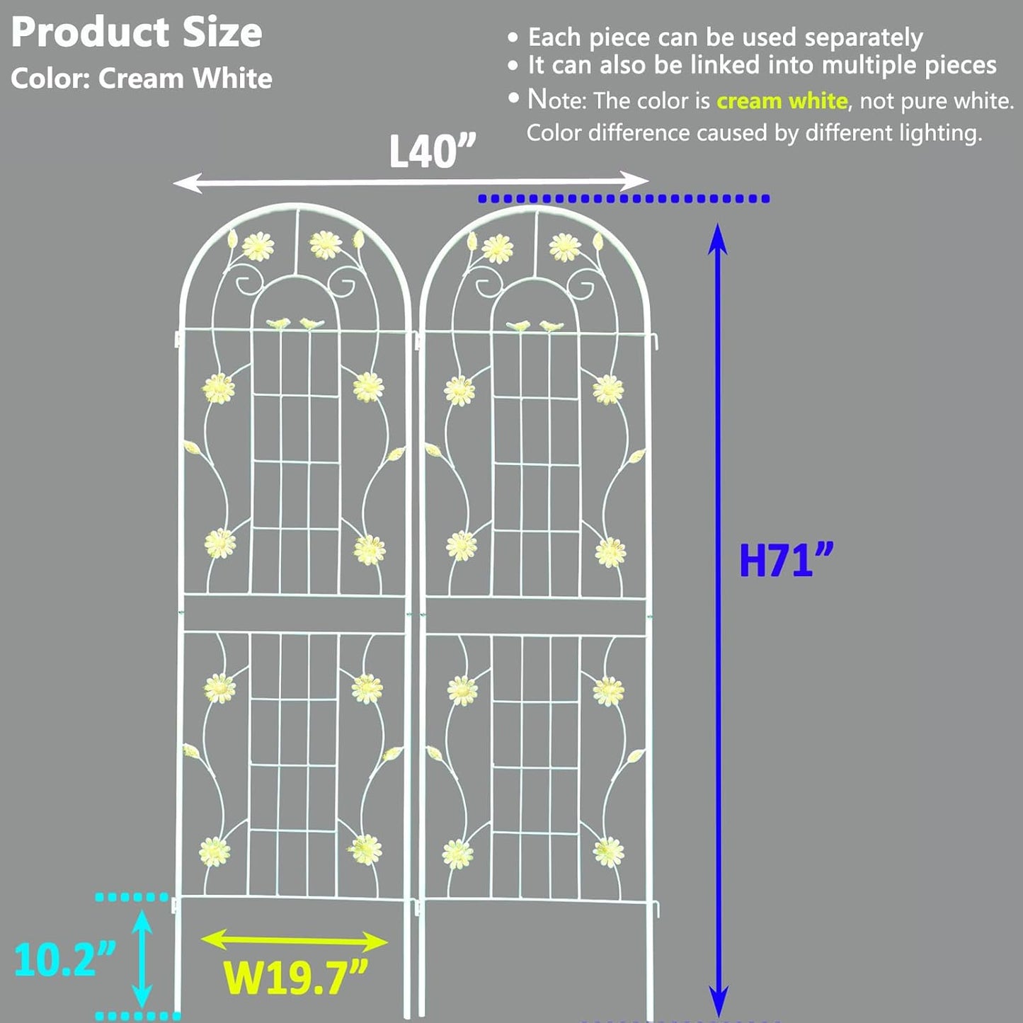 2 Pack Metal Garden Trellis for Climbing Plants 71" H Cream White Garden Fence Rustproof Trellis Support Roses Flower Outdoor Lawn, Cream White
