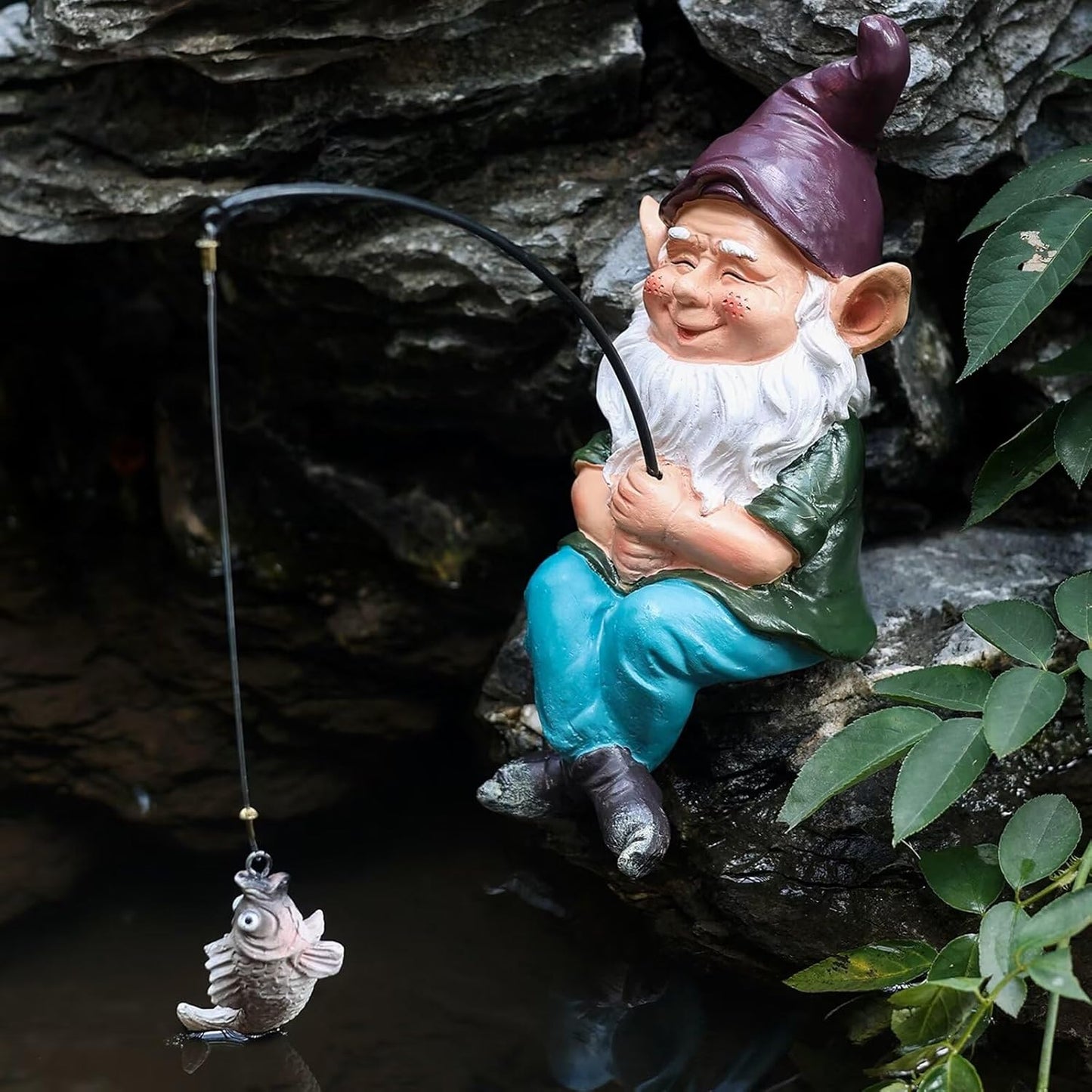 Gnomes Decoration for Yard Outdoor Garden Decor 9.7 Inch Tall Fishing Gnome Statue for Koi Pond, Waterfalls or Poolside Ornaments, Fisher Guy Outdoor Statues, Gift for Mom & Women