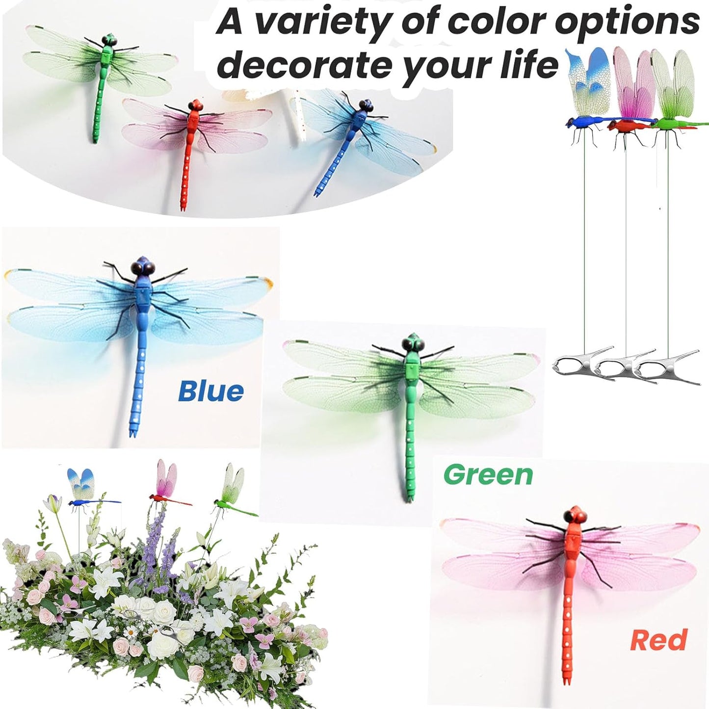 6 Pack 3D Realistic Dragonfly Clips - Colorful Plastic Garden Decor for Outdoor & Indoor Use, Hat/Clothing Accessories, Yard Patio Ornaments - Decorative Stakes (Assorted Colors)