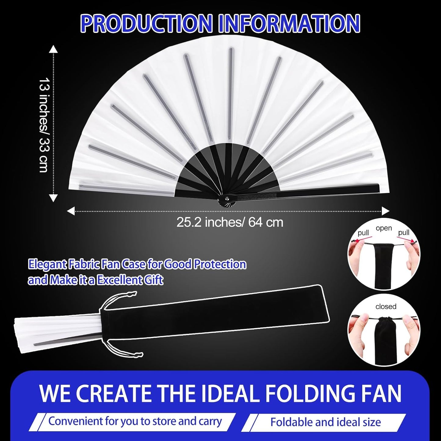 Blulu 4 Pcs 13 Inch Large Folding Hand Fans for Line Dancing Big Clapping Popping Raves Fans Bulk for Dancing Boots on The Ground Festival Party Decoration(Classic Style, White)