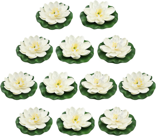 12pcs Floating Foam Lotus Flowers with Lily Pads, Artificial Pond Plants Ornaments for Pool Aquarium Water Decoration, White