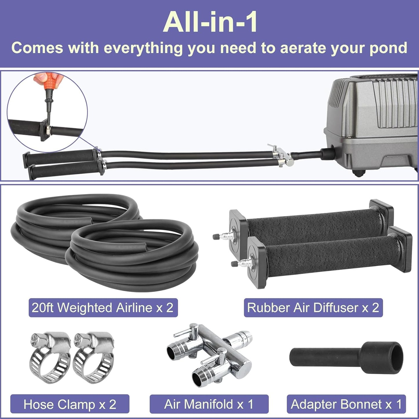 AquaMiracle Koi Pond Aerator Pond Air Pump with Self-Sinking Airline Rubber Air Diffuser, Air Flow Control Pond Deicer All-in-One Pond Aeration Kit for Outdoor Pond 10,000-15,000 Gallons