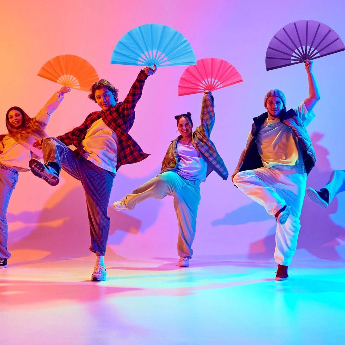 Blulu 4 Pcs 13 Inch Large Folding Hand Fans for Line Dancing Big Clapping Popping Raves Fans Bulk for Dancing Boots on The Ground Festival Party Decoration(Classic Style, Purple, Blue, Orange, Pink)