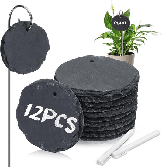12 Sets Plant Labels Slate Plant Tags Garden Sign Marker Weatherproof Reusable Natural Slate Garden Sign Hanging Tag with Metal Stake and Pen for Outdoor Flower Vegetable(Oval)