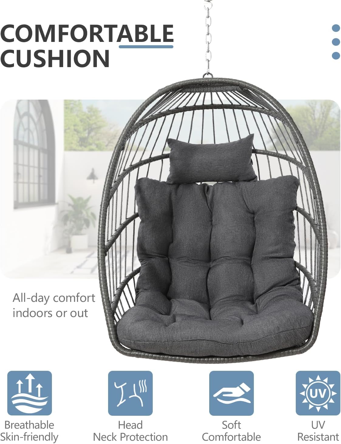 SWITTE Egg Chair Outdoor with Stand, Indoor Wicker Hanging Egg Swing Chair with Cushion, 350lbs Capacity for Patio, Bedroom, Garden - Dark Grey