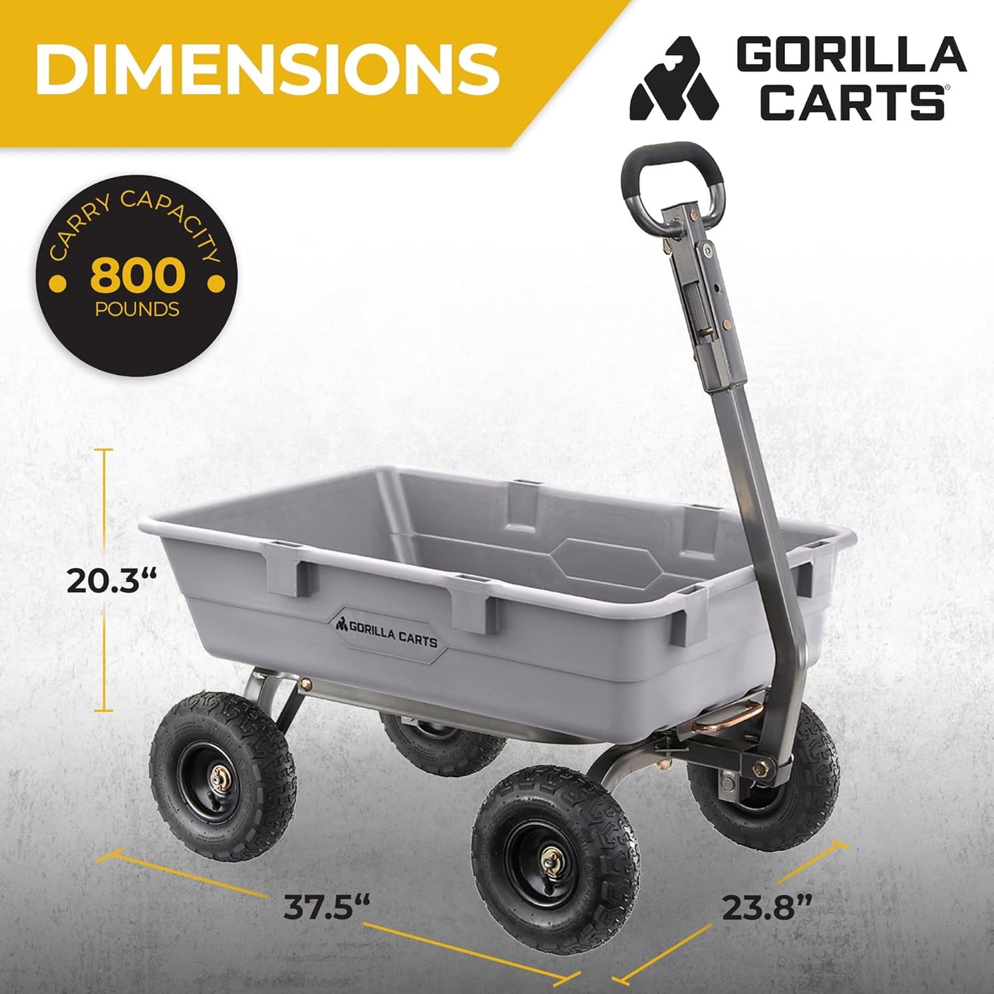 Gorilla Carts Heavy-Duty Poly Dump Cart, 5 Cu Ft Tub, 800 lb Haul Capacity, Gray – Towable Utility Wagon with Quick-Release Dumping & Pneumatic Tires for Yard, Landscaping and Gardening