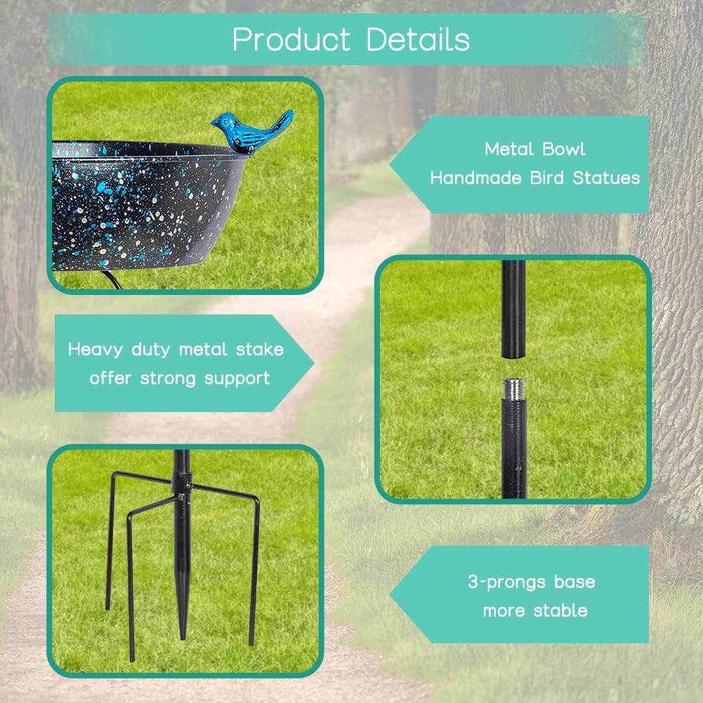 Outdoor Garden Bird Bath, Metal Birdbath with Stable Stakes Bird Feeders for Outdoor Yard Lawn Patio (3" Deep*35" Height)
