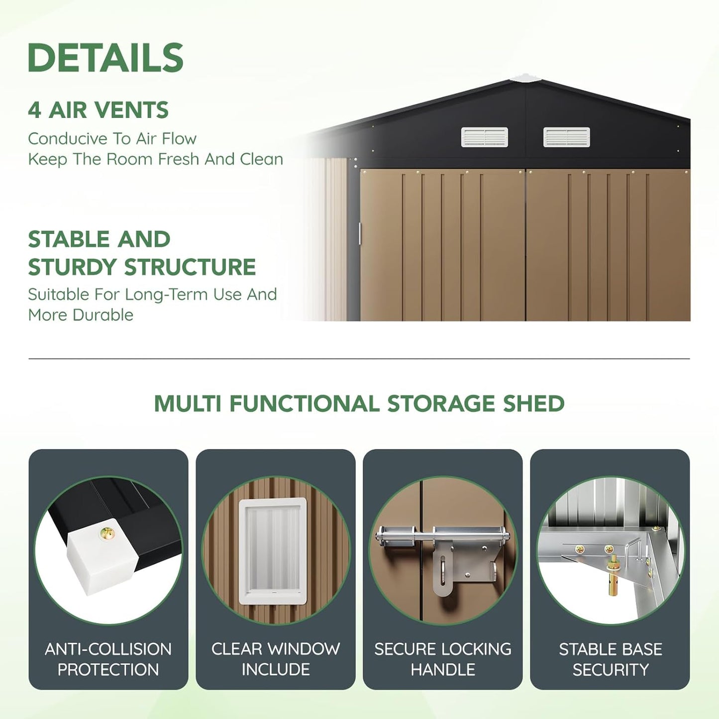 10X12X7.5 FT Outdoor Steel Storage Shed with Lockable Doors, 2 Windows, Transparent Roof Panels, Metal Frame Floor (Wood Panels Not Included), Ideal for Backyard, Patio Storage,Chicken Coop，Brown