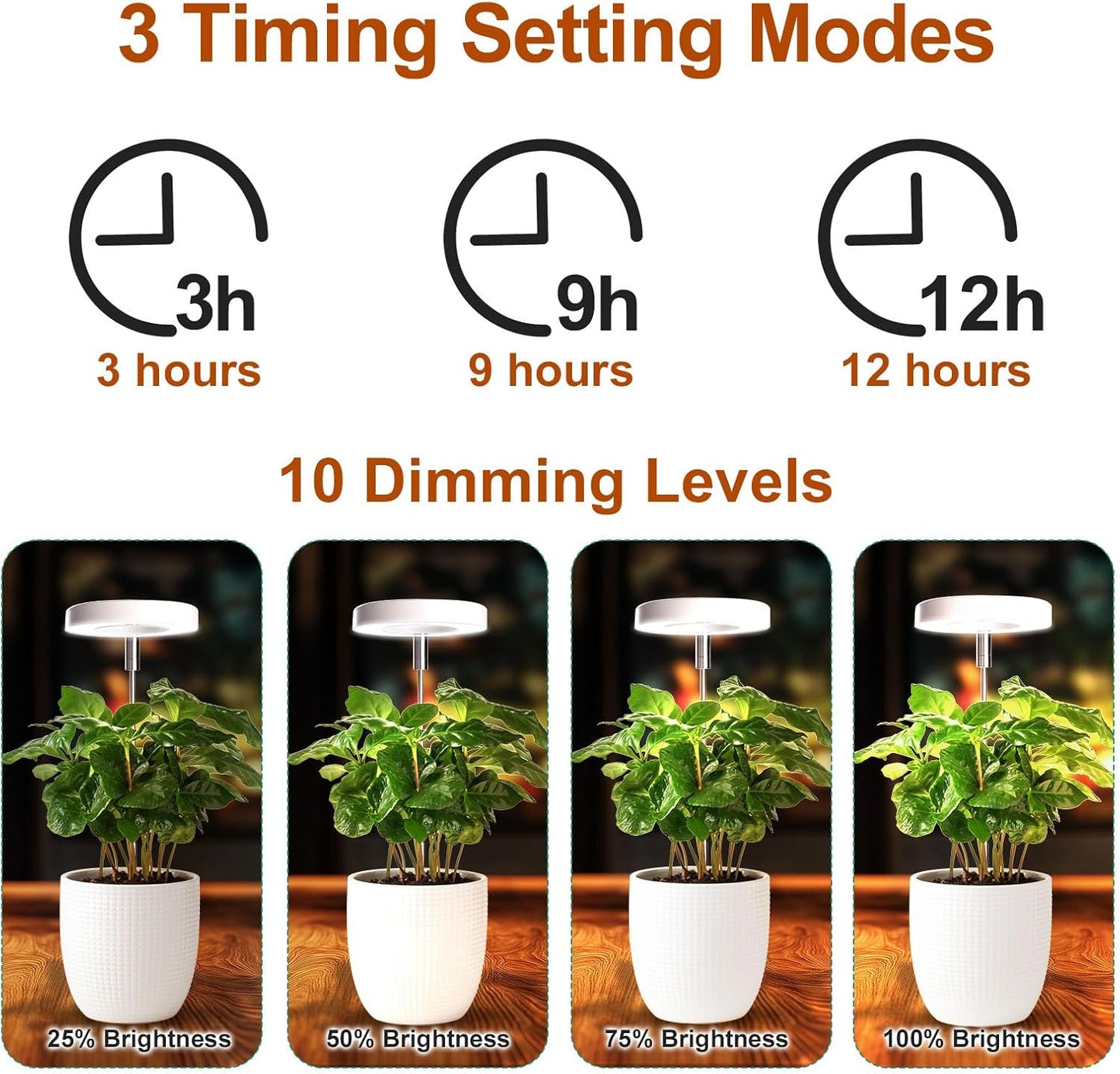 Grow Lights for Indoor Plants Small Potted - Full Spectrum, Auto 3/9/12H Timer, 10-Level Dimming & Adjustable Height - Compact Grow Light for Succulents, Herbs, Foliage in Home/Office (White,3PACKS)