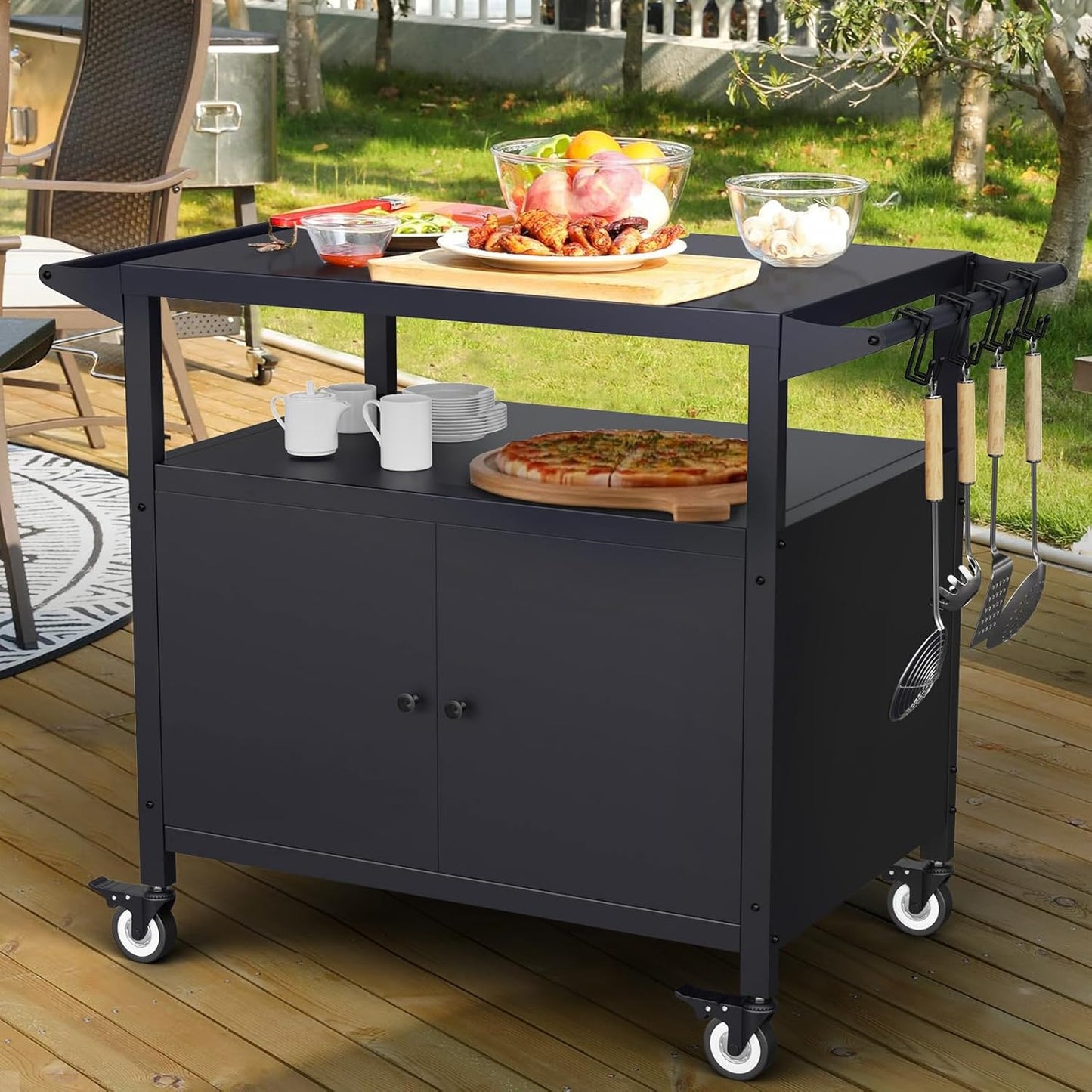 Outdoor Grill Table with Storage, Movable Grill Cart, Outdoor Kitchen Island Prep Stand Station,Blackstone Griddle Stand, BBQ Serving Cart Rolling Bar Cart with 4 Utensil Hooks