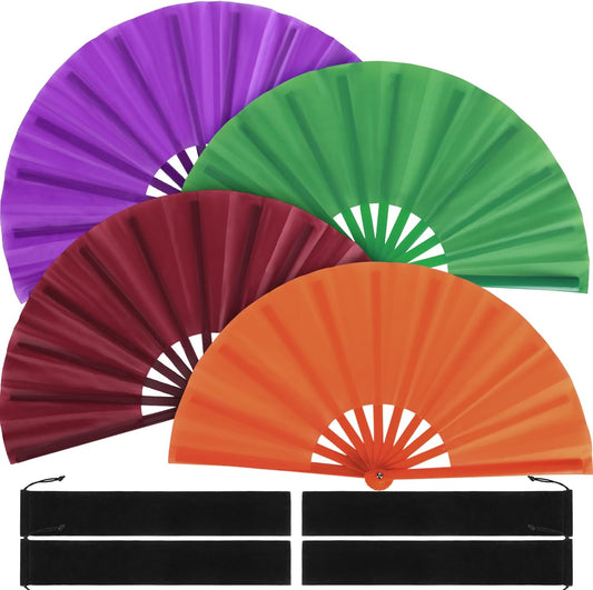 Blulu 4 Pcs 11 Inch Large Folding Hand Fans Bulk Clapping Popping Rave Fans for Kids Women Men for Dancing Boots on The Ground Festival Party Decoration(Classic Style, Retro Color)