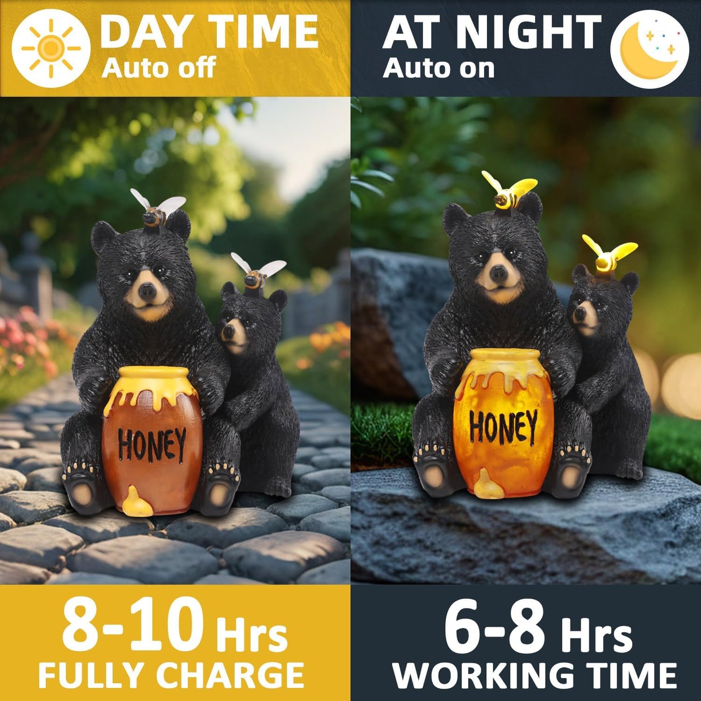 Solar Garden Decor Statues 7" Resin Mother&Cub Bear Figurines with Honey Jar Waterproof Black Bear Decor for Outside Yard Patio Porch Decoration Gift for Mom Grandma