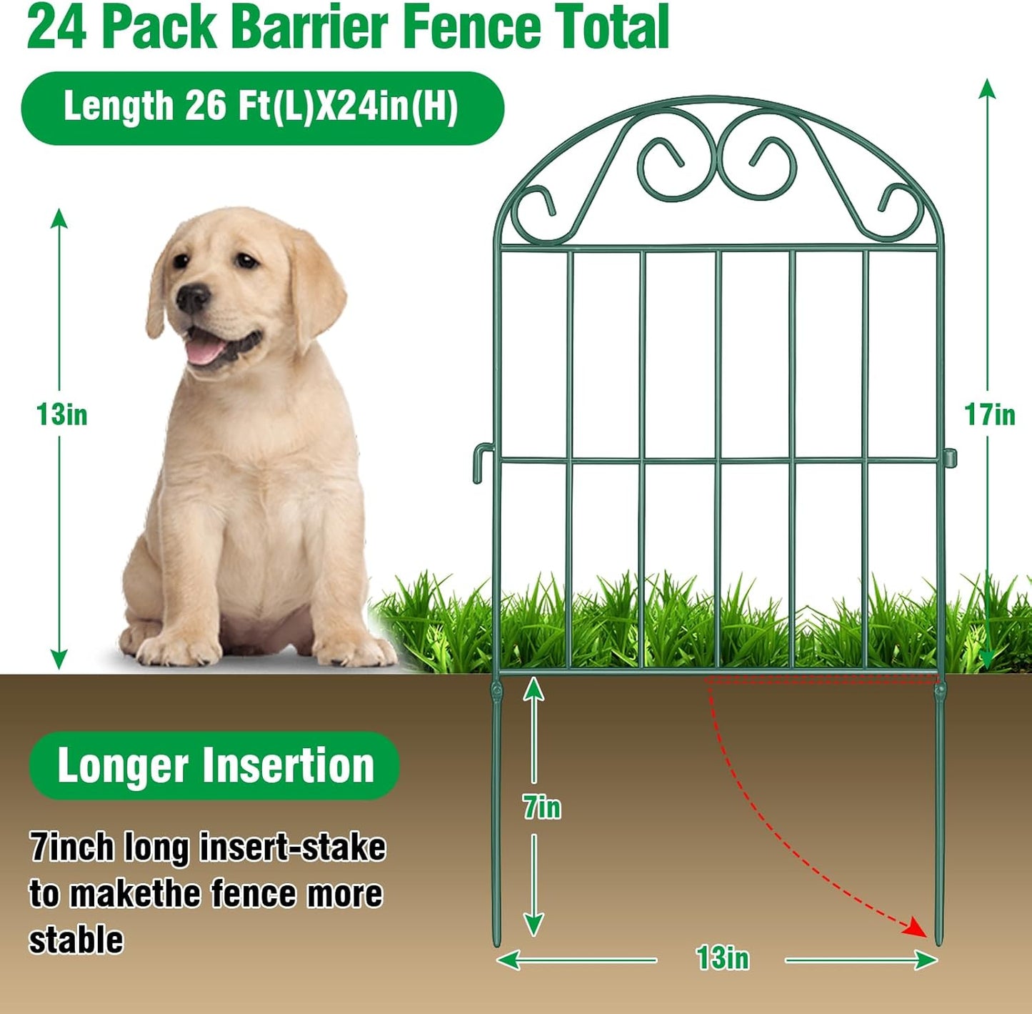 ADAVIN 24Panels Collapsible Garden Fence Animal Barrier, 26 Ft(L) x 24 in(H) Green Rustproof Metal Wire Panel Border for Dogs Rabbits, Flower Edging for Landscape Patio Yard Outdoor Decor, Arched