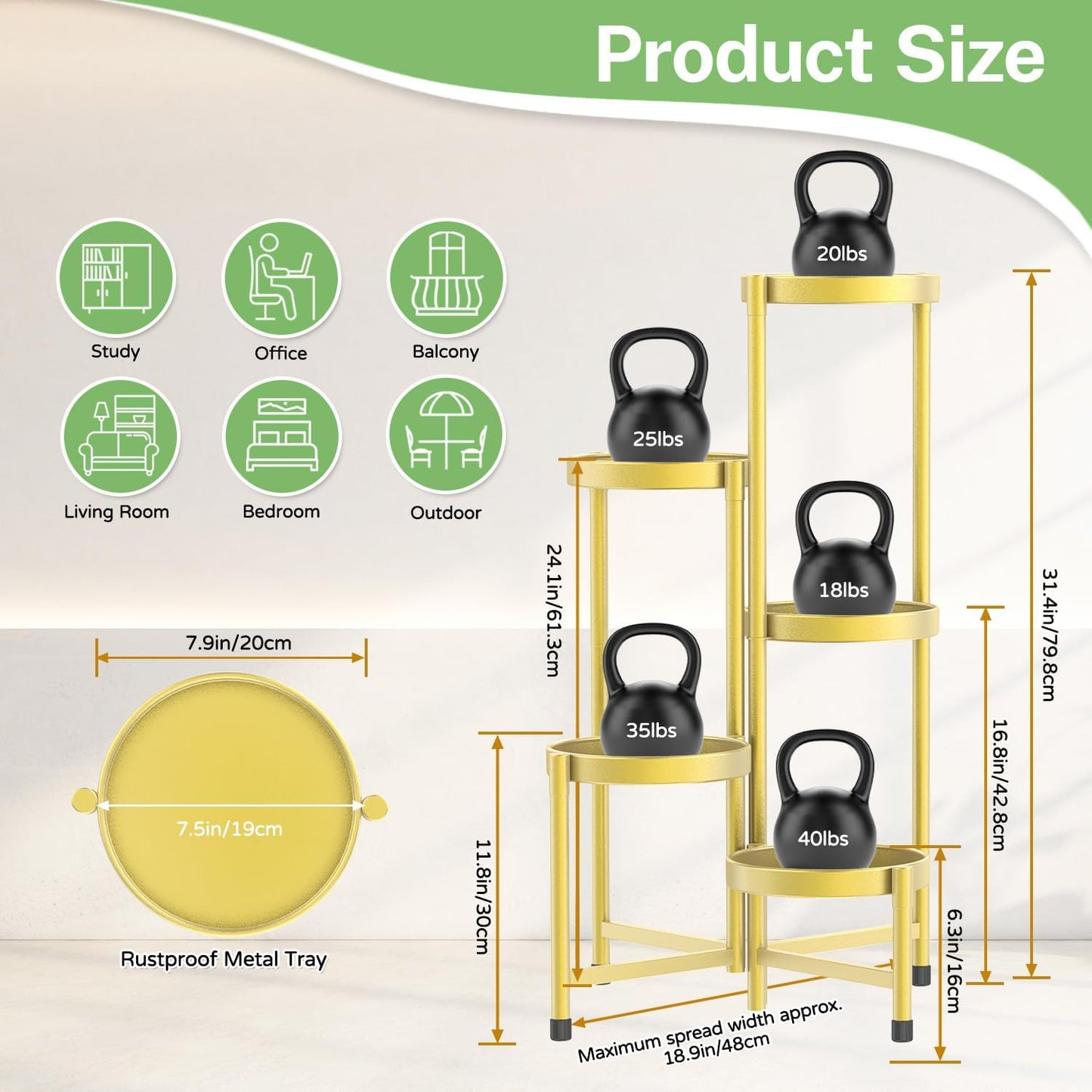 iDavosic.ly Plant Stand Indoor Outdoor, 5 Tier Corner Metal Flower Display Holder Shelf, Folding Tall Orchid Rack for Patio Balcony Porch Garden Living Room House, Gold