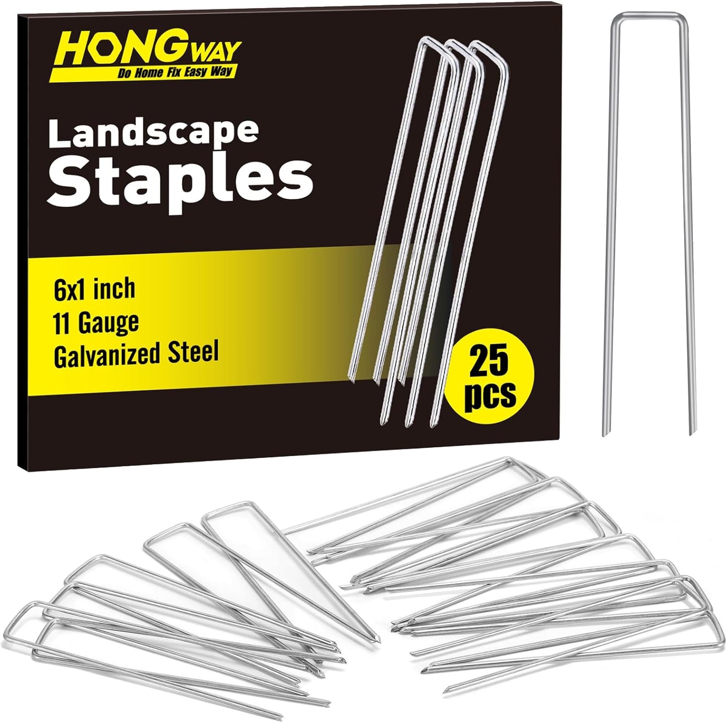 HongWay 6 Inch 25pcs Landscape Staples, 11 Gauge Galvanized Garden Stakes and U-Shaped Pins for Landscaping Fabric Weed Barrier Irrigation Tubing