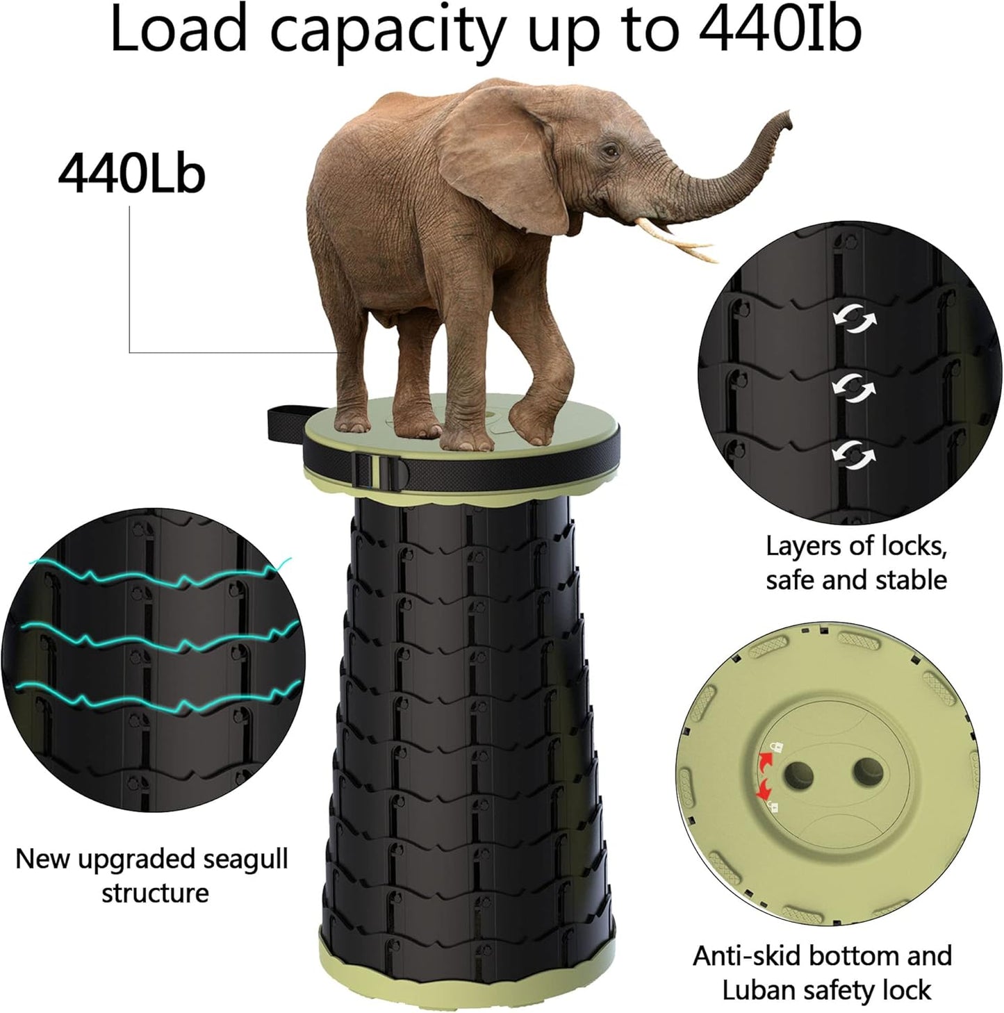 ALEVMOOM Upgraded Folding Stool with Cushion,Portable Collapsible Retractable Stool,Outdoor Chair,Yet More Sturdy Load Capacity 440lbs for Camping Garden Fishing Hiking BBQ with Carry Bag