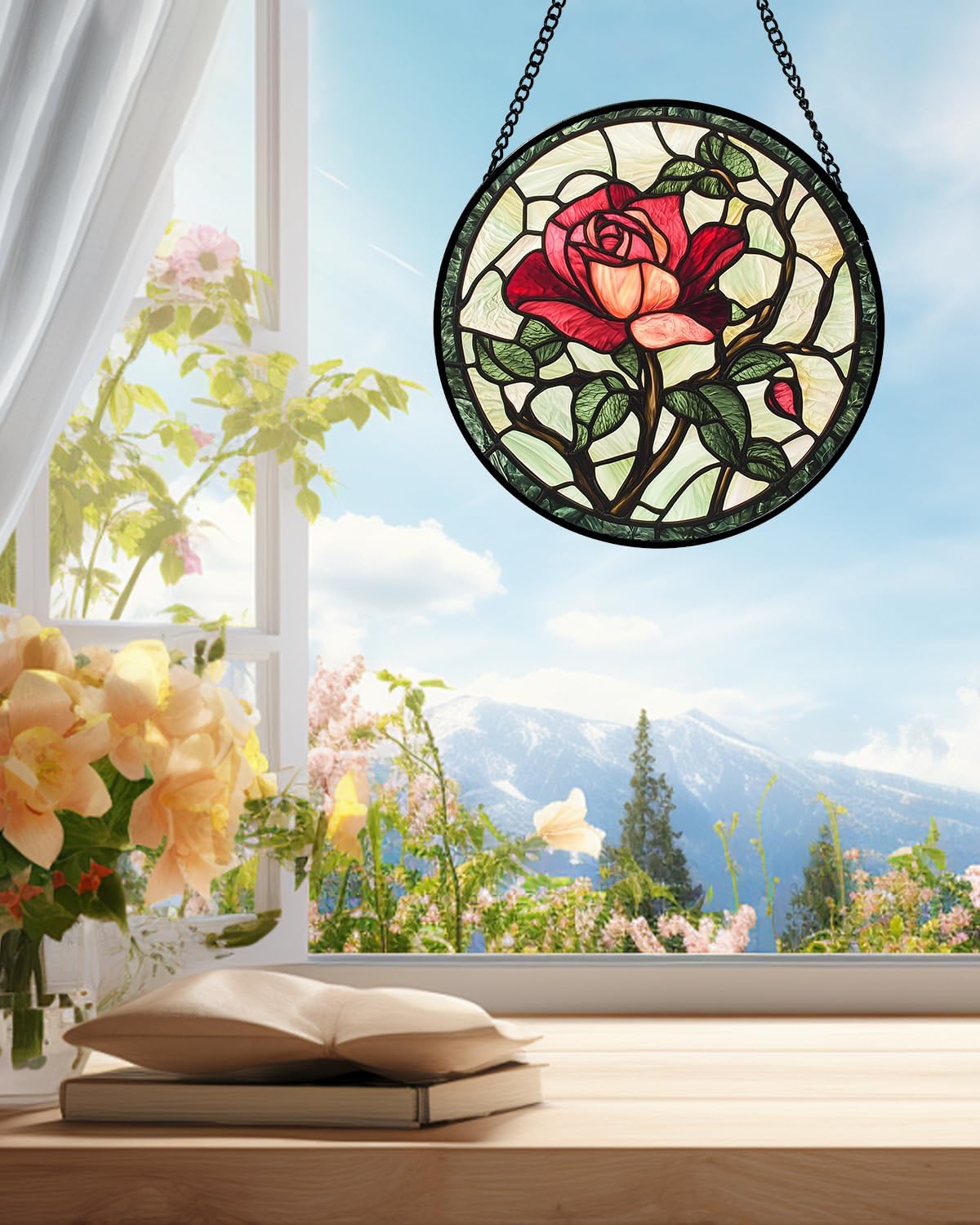 Stained Glass Window Hanging, Red Rose Flowers Sun Catcher for Door Garden Home Decor Suncatcher Christmas Mother's Day Birthday Gifts for Women Lovers Men Wife Girlfriend Mom Nana 15 in