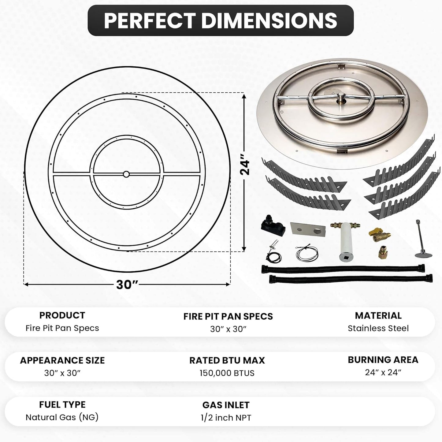 Stainless Steel Fire Pit Burner Pan & Ring Pro Kit for Natural Gas, 30-Inch Pan, 24-Inch Ring, 150,000 BTU Max