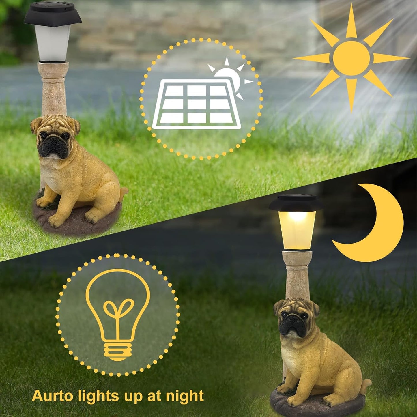 BAYN Solar Dog Garden Statues with Lantern, Resin Pug Dog Sculpture with Warm White Light for Outside Lawn Porch Patio