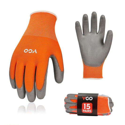 Vgo... 15-Pairs Safety Work Gloves, Gardening Gloves, Polyurethane Coated, Dipping Gloves, Latex Free (Size M,Orange, PU2103)