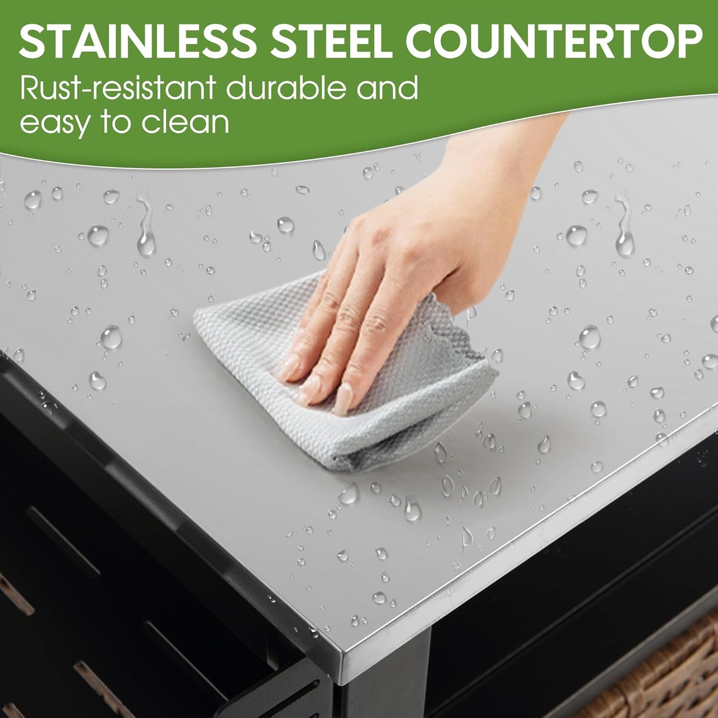 HOMEFUN Kitchen Island Cart Wicker Grill Prep Station & Stainless Steel Outdoor Serving Bar Table with Hooks Wheels Poolside Patio Grassland (Small)