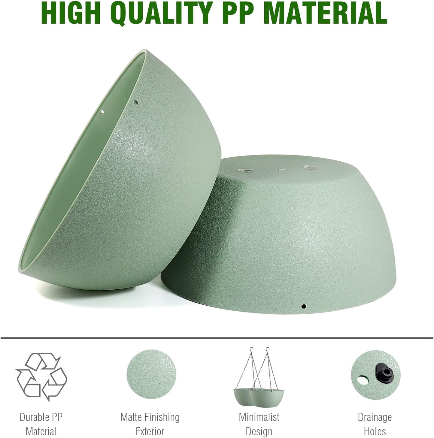 13 inch Large Hanging Planters Plant Pots for Outdoor Indoor Plants with Drainage Holes and Chain, 2 Pack Round Hanging Flower Pots for Garden Home Porch Decor, Green