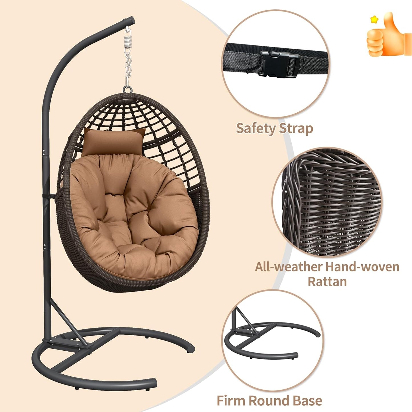 TWT Egg Swing Chair with Stand Rattan Wicker Hanging Egg Chair for Indoor Outdoor Bedroom Backyard Hammock Egg Chair with Metal Frame and UV Resistant Cushion 330lbs Capacity-Dark Brown