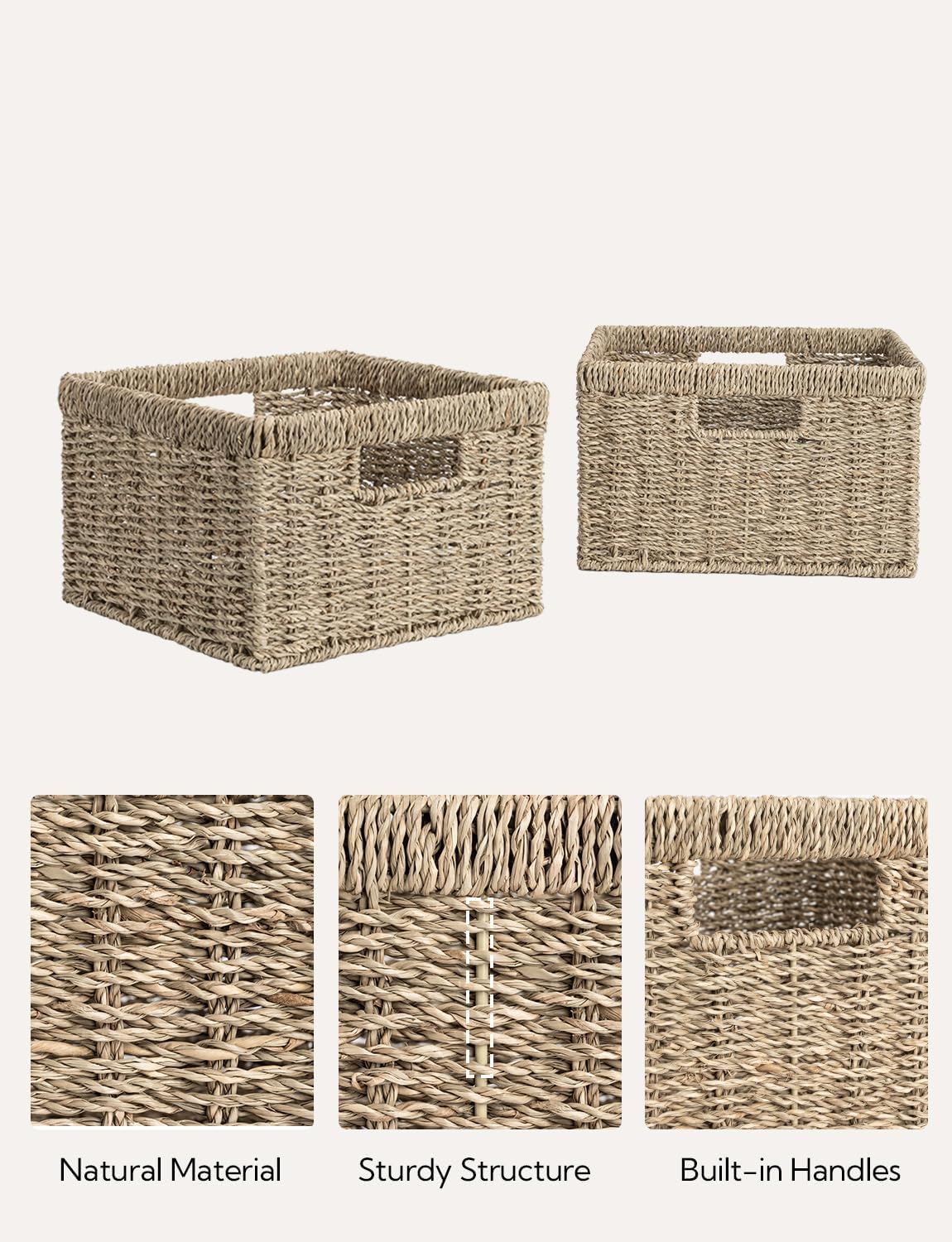 StorageWorks Wicker Storage Baskets, Large and Small Baskets, Handwoven Seagrass Basket for Organizing, Decorative Wicker Baskets with Built-in Handles, Set of 2