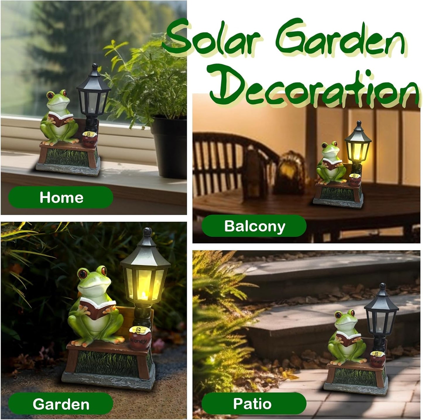 Frog Garden Statue Home Outdoor Decor - Solar Frogs Learning Sculptures Auto LED Waterproof Lights, Garden Outside Figurine Ornament, Women/Gardening/Housewarming Gift for Yard/Pond