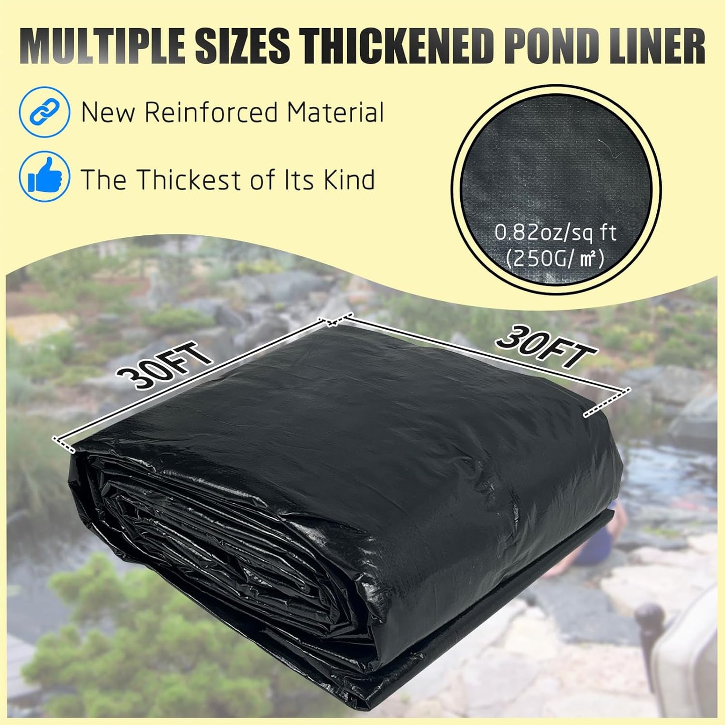 yeezoo 30X30FT Reinforced Large PE Pond Liner, KOI Pond Liners for Outdoor Ponds, Enhanced 5-Layer Structure Pond Liner for Fish, Duck, Garden Raised Bed and Waterscape Pond(0.82oz/sq ft Thickness)