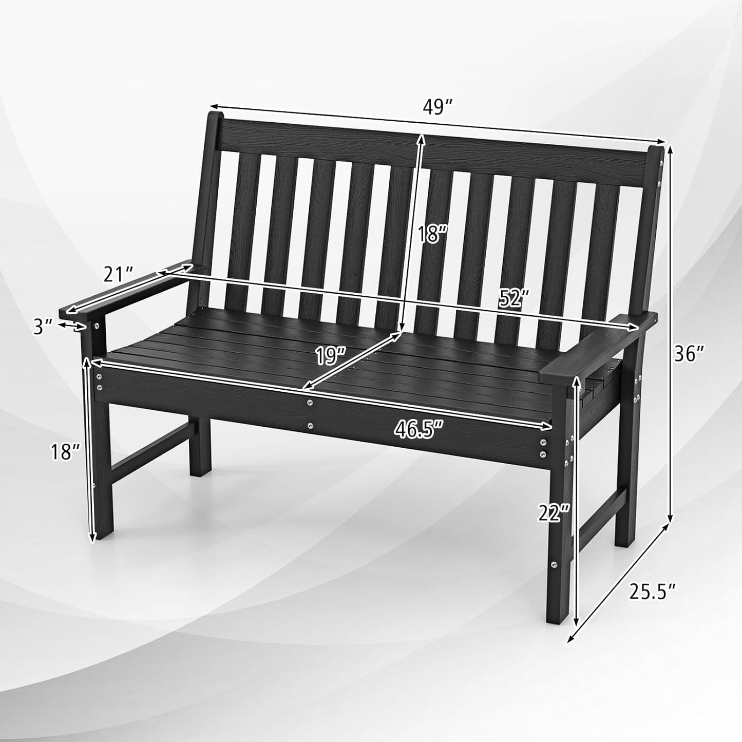Giantex Outdoor Bench, 52-Inch Outside Bench All-Weather HDPE Park Bench with Backrest and Armrests, 705 lbs Weight Capacity, 2-Person Slatted Patio Bench for Porch, Yard, Lawn, Garden Bench (Black)