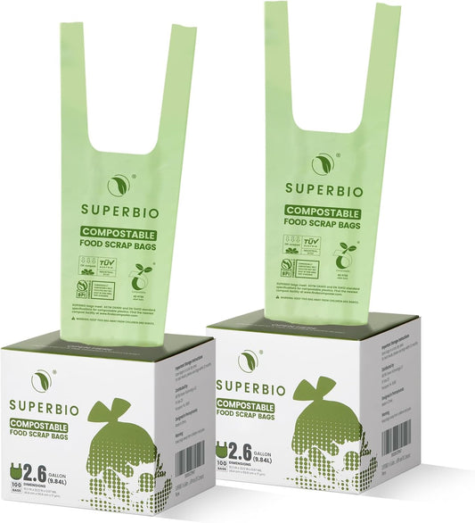 SUPERBIO 2.6 Gallon Compostable Bags, 100 Count, 2 Pack, 9.84L, Handle Tie Food Waste Bags, BPI and OK compost INDUSTRIAL Certified