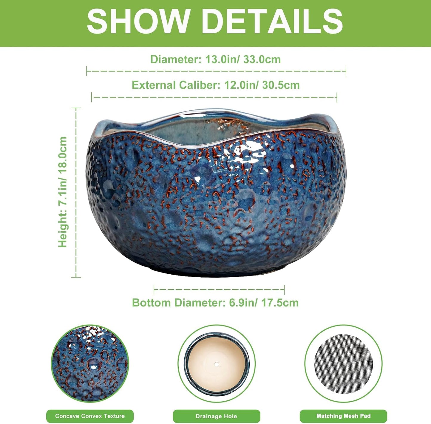 Bonsai Pots - 13 Inch Large Ceramic Planter for Indoor Outdoor, Round Decorative Plant Pots with Drainage Hole, Modern Unique Flower Pots, Patio Decor, Housewarming Gifts, Retro Blue