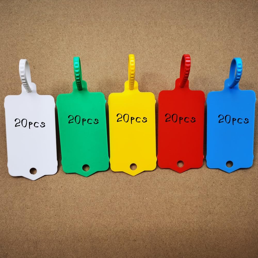 100pcs Reusable Blank Plastic Tags Ties Key Tags 1.45"*2.48" Serrated Tension Sealing Strap with Large Label Plastic Tie Mark Label Waterproof Hang Sign Write on Tag (5 Colors Mixed, 100pcs)