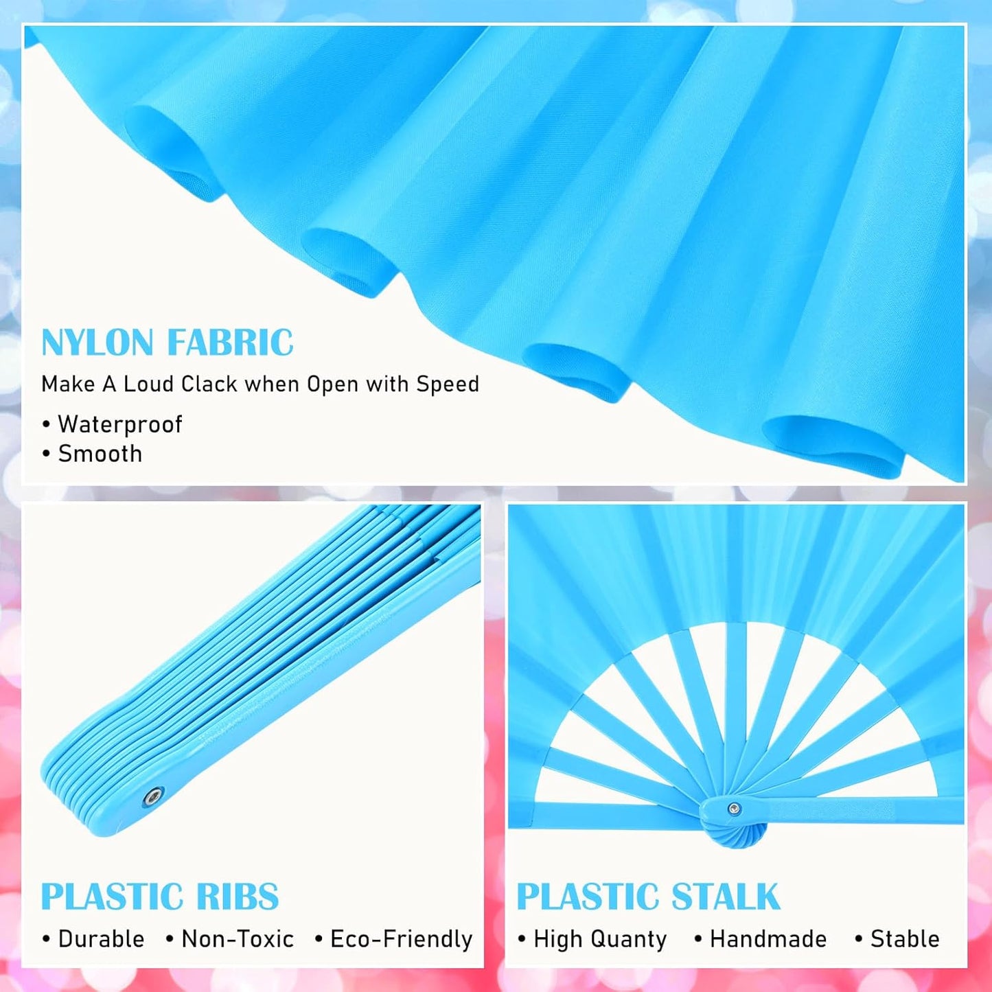 Maitys 2 Packs Large Clap Fans for Line Dancing Large Chinese Folding Hand Fans for Men and Women, Festival, Tai Ji, Kungfu, Martial Art, Gifts (Rose Red and Sky Blue)