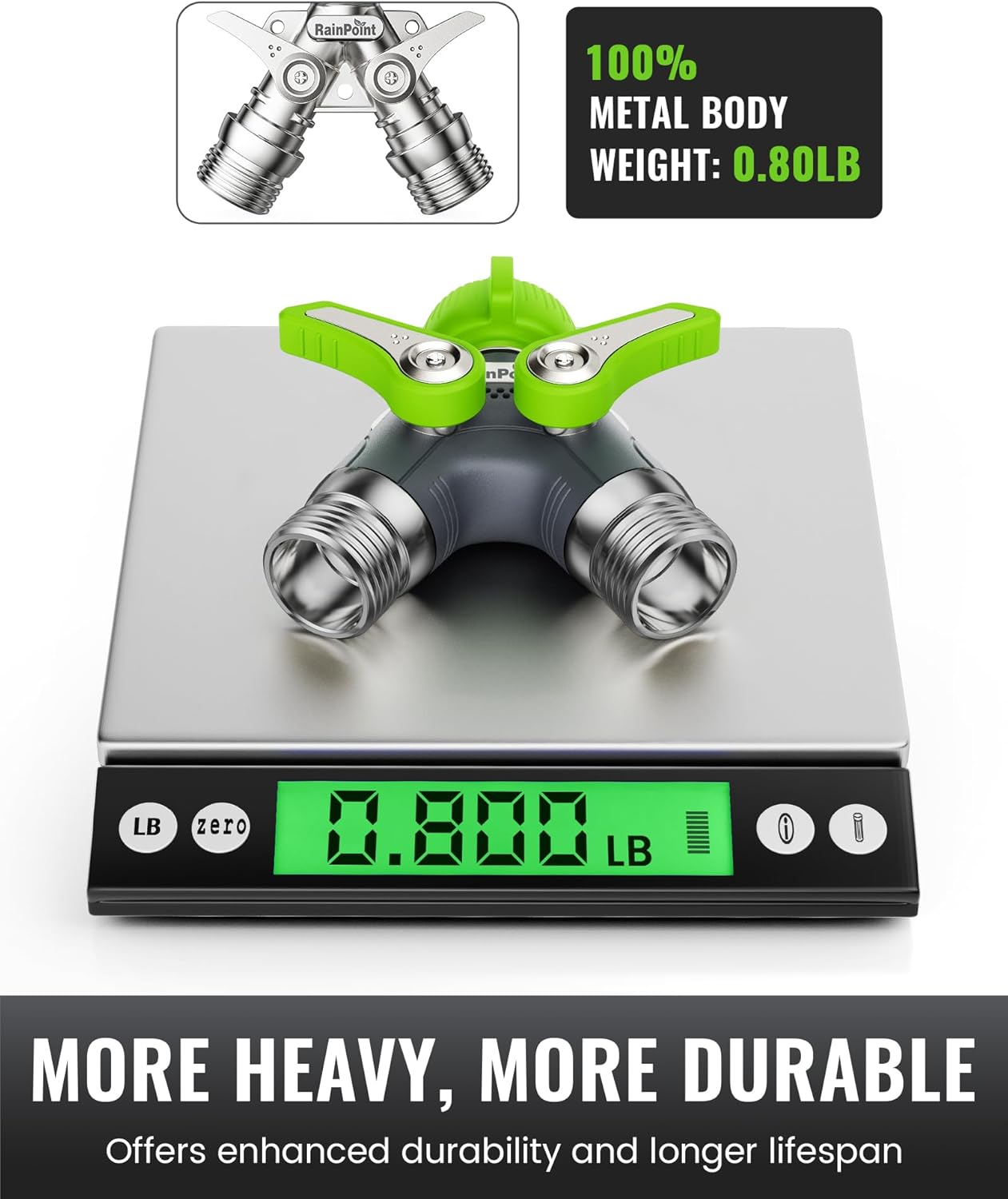RAINPOINT Garden Hose Splitter, 2 Way Heavy Duty Water Hose Y Spigot Splitter with Shutoff Valves, 100% Metal Body Outdoor Faucet Splitter, 1.9" Extra Long Metal Handle, 3/4" GHT Thread (2, Green)