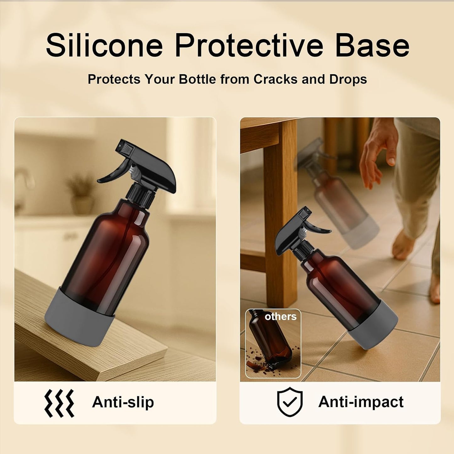 Glass Spray Bottles with Silicone Sleeve 16.9oz 2 Pack Empty Spray Bottle for Hair Mist/Stream Spraying for Cleaning Solutions, Plants, Essential Oils (Brown-grey&white)