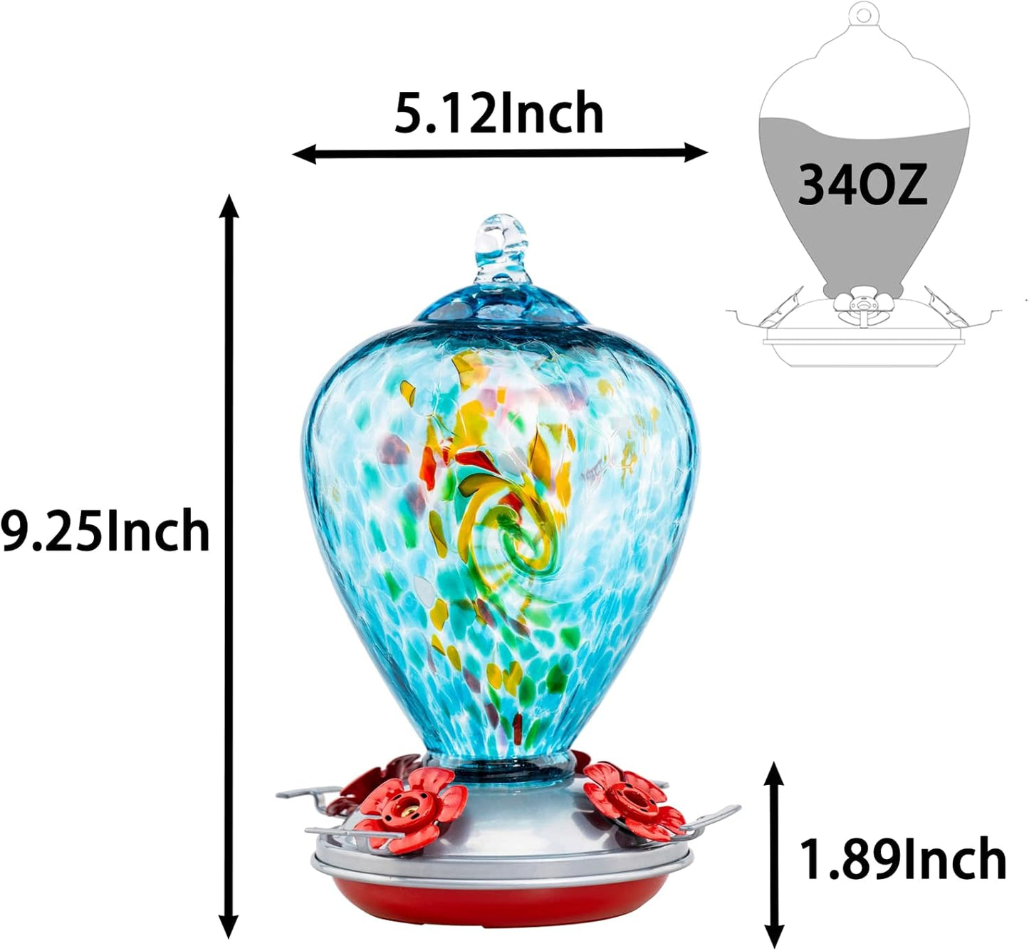 Muse Garden Hummingbird Feeders for Outdoors Hanging, Blown Glass Hummingbird Feeder Unique Gifts for Women, Containing Ant Moat, Garden Decor, 34 Ounces, Blue Chatoyant