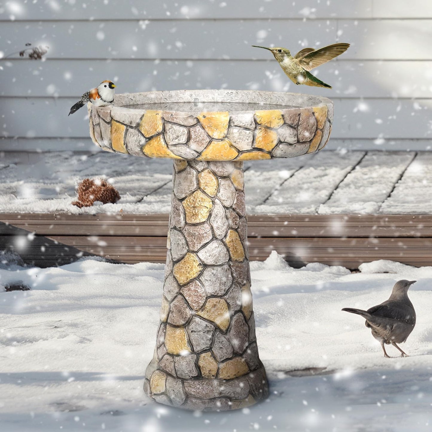 SKYFIRE Stone Like Outdoor Bird Bath - Concrete Freestanding Patio Birdbath with Pedestal for Garden, Patio, Yard, Lawn - 18.8”L X 18.8”W X 24”H Rustic Faux Stone Pedestal Outdoor Garden Birdbaths