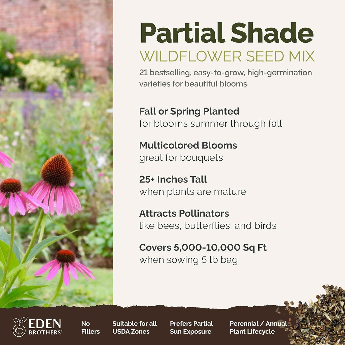 Eden Brothers Partial Shade Wildflower Mixed Seeds for Planting, 5 lb, 2,400,000+ Seeds with Sweet William, Foxglove | Attracts Pollinators, Plant in Spring or Fall, Zones 3, 4, 5, 6, 7, 8, 9, 10