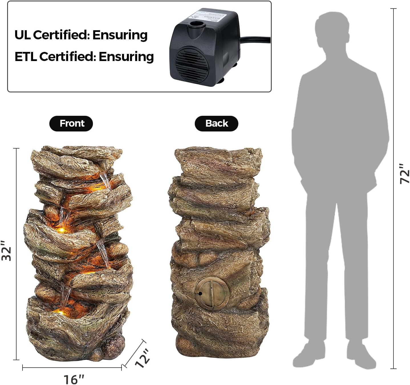 32" High Outdoor Water Fountain, 5-Tiers Cascading Rock Waterfall with LED Lights for Garden, Patio, Yard Decor, Soothing Tranquility for Any Outdoor Living Space