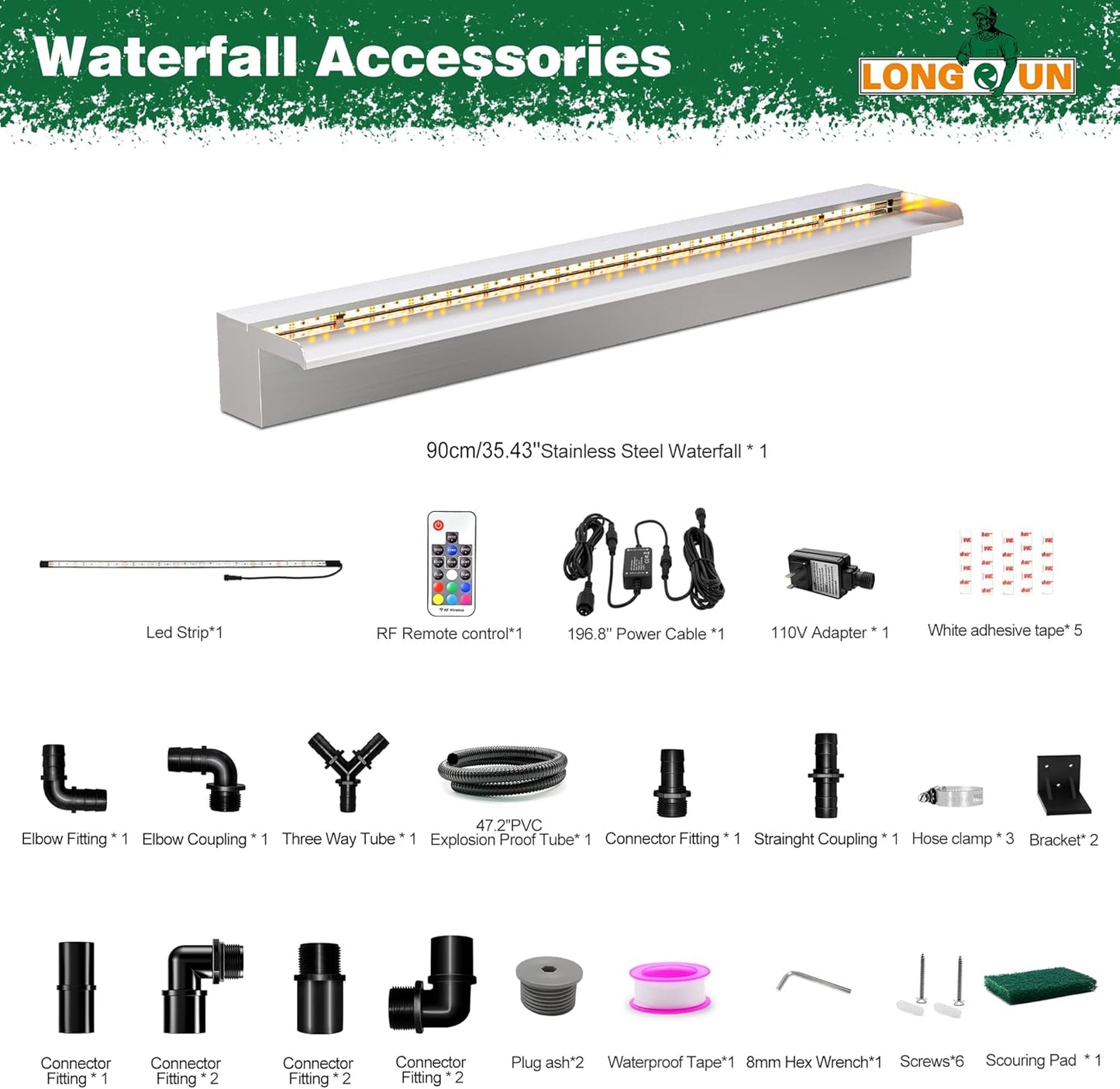 LONGRUN Waterfall Pool Fountain, Updated 5.9'' Wider Open Lip Stainless Steel Waterfall Spillway, Decorative Water Feature for Swimming Pools, Koi Ponds, Spa & Garden - 35.4''