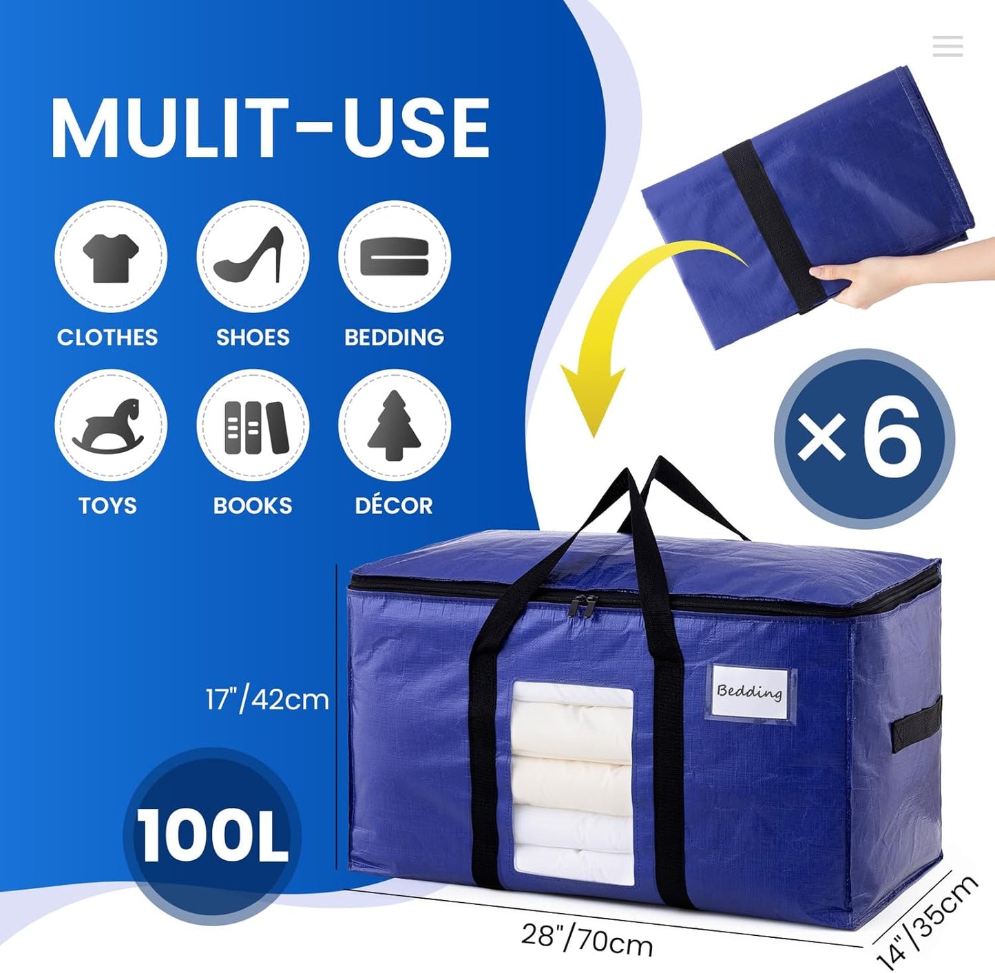 TAILI 6 Pack Dark Blue Extra Large Storage Bags, Heavy Duty Totes with Visible Window, Wrap Around Handles, Perfect for Moving