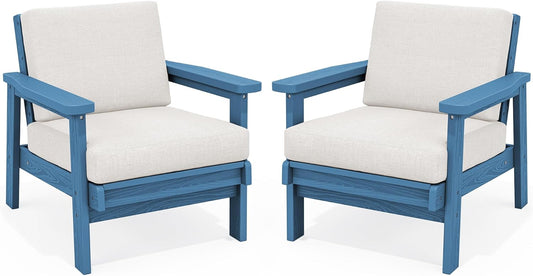 SERWALL HDPE Outdoor Couch Set of 2, Blue Frame and Khaki Cushion