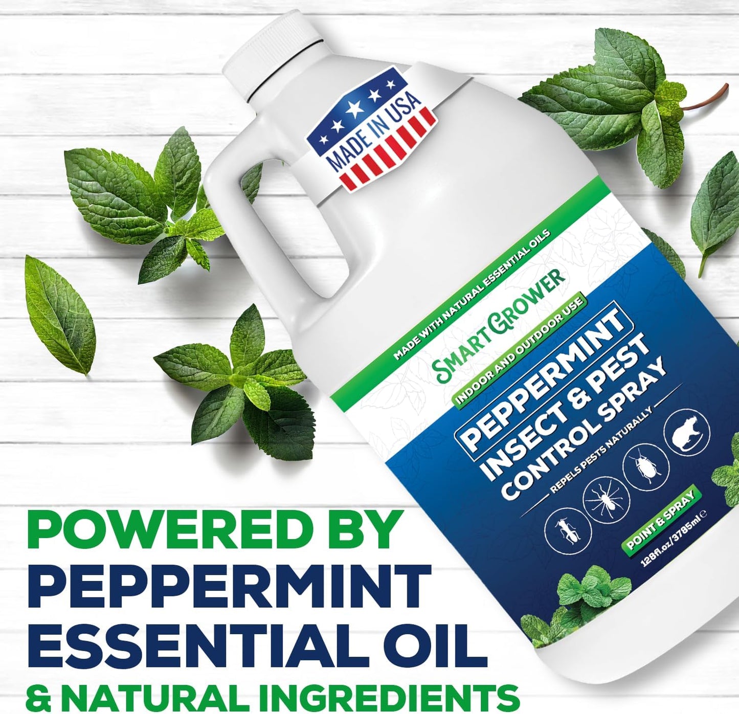 All Natural Peppermint Oil Insect & Pest Control Spray Repels Mice, Spiders, Ants, for Home, Indoor, Outdoor, Garden Maximum Strength Smart Grower Ready to Use 128 FL OZ